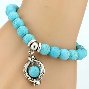 Retro Vintage Turquoise Serenity Beaded Bracelet with Silver Charm